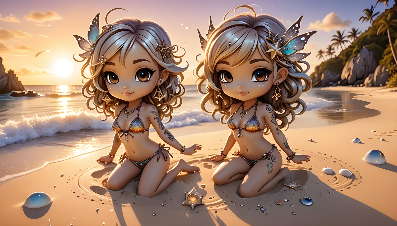 Enchanting Chibi Babe in Fantasy Beach Illustration