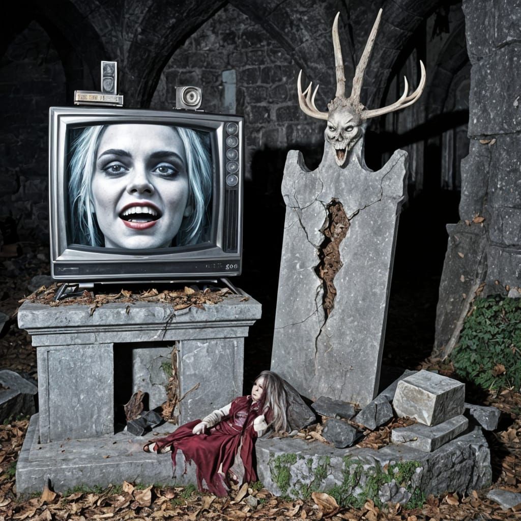 Broken TV Altar with Vampire on Screen