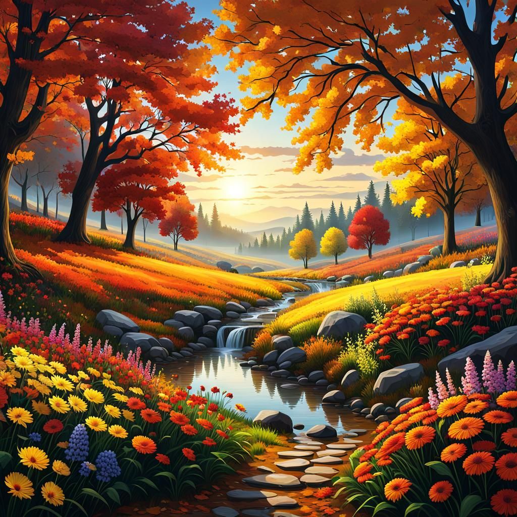Autumn Landscape Concept Art with Flowers