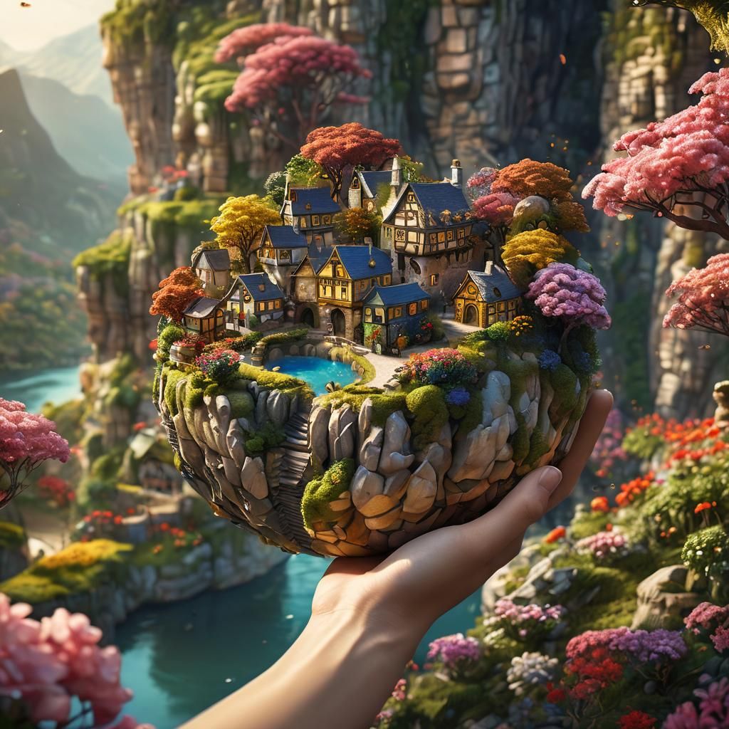 Miniature World Held in Hand: Fantasy Digital Art