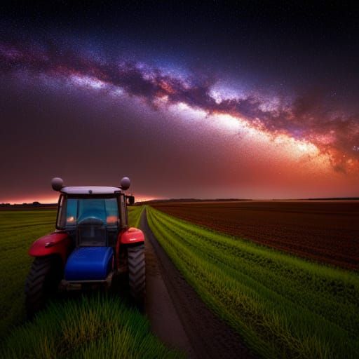 Starry Sky Over Farm with Red Tractor