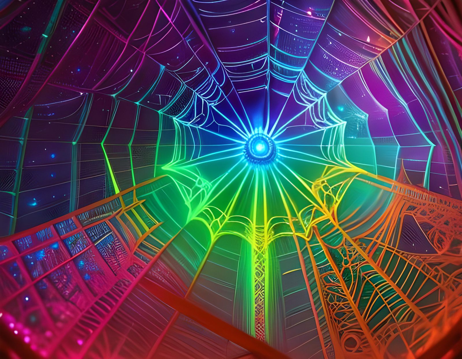 Neon Blue Optical Illusion Spider Web in Art Nouveau Style