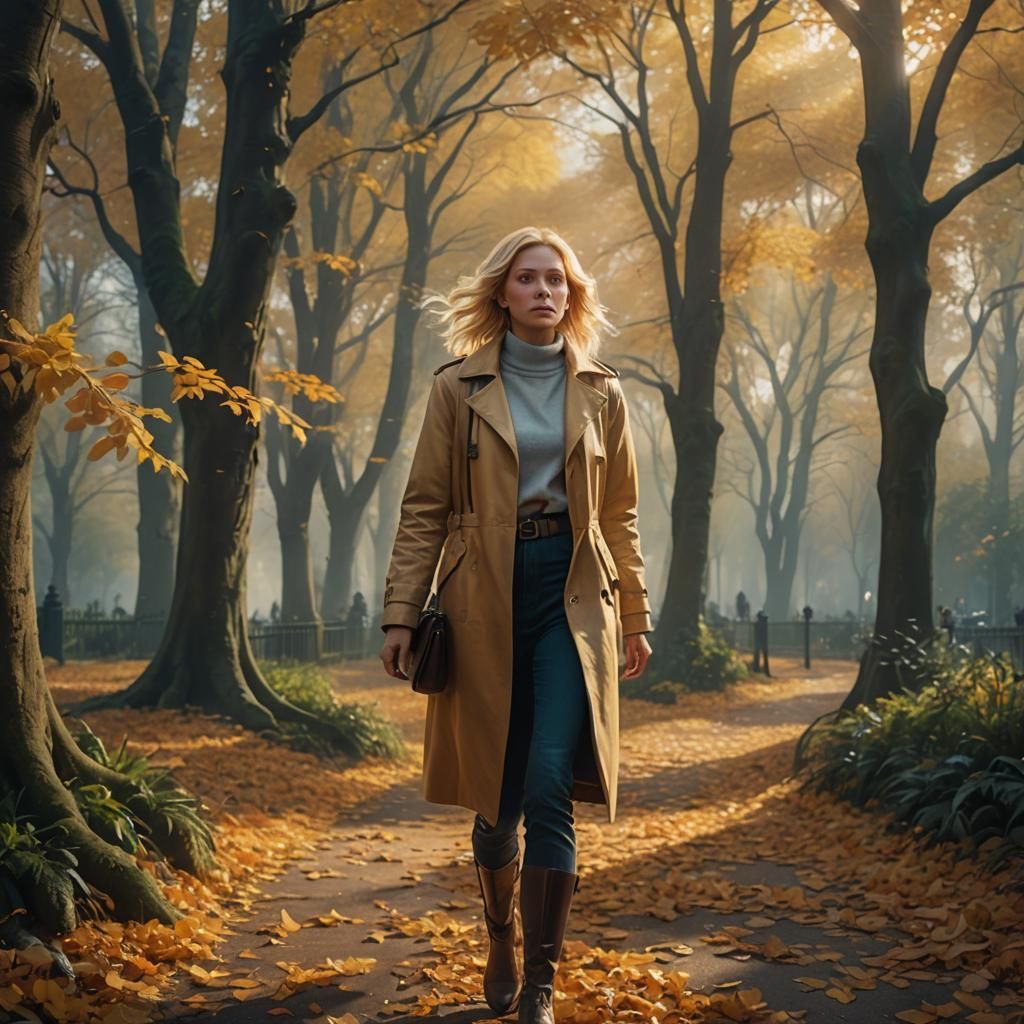 Woman Walks Through Autumn Park: Cinematic Oil Painting