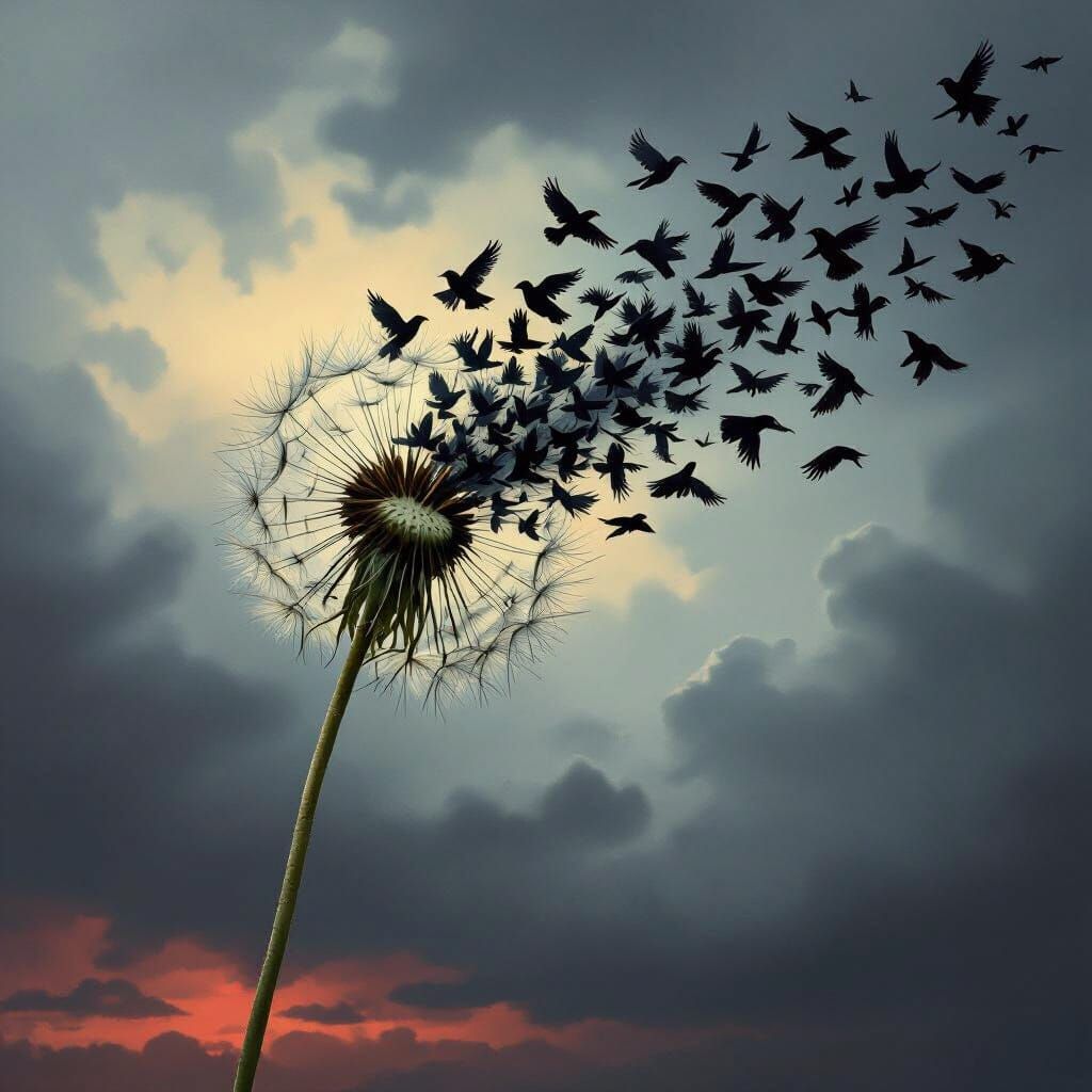 Dandelion Seeds Turn to Ravens in Stormy Sky