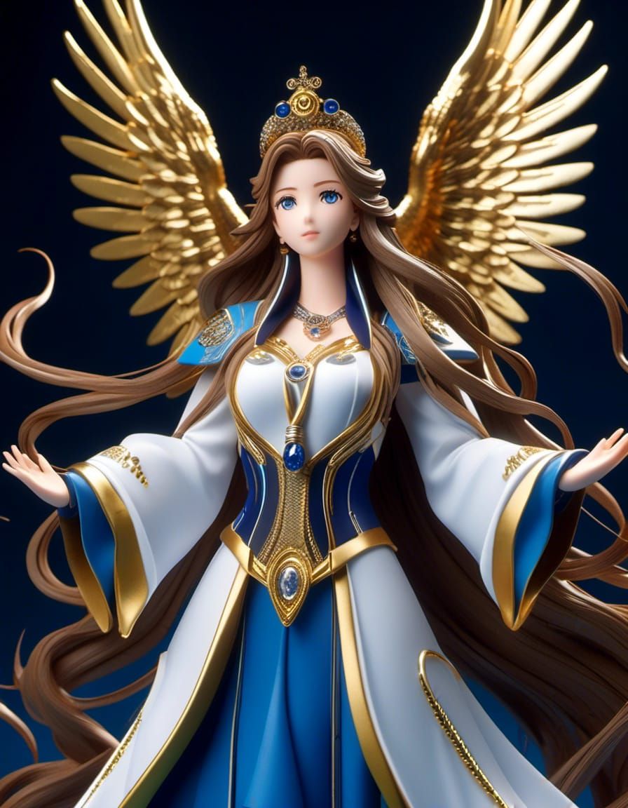Action figure of: Hyperrealistic OH! My Goddess Belldandy, long brown hair, blue eyes, wearing blue with navy & gold acc...