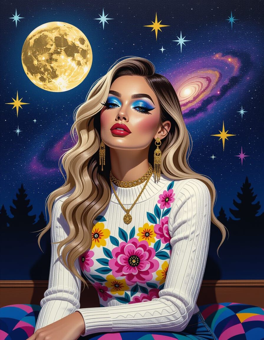 Emo Rock Woman in Moonlight Encaustic Painting