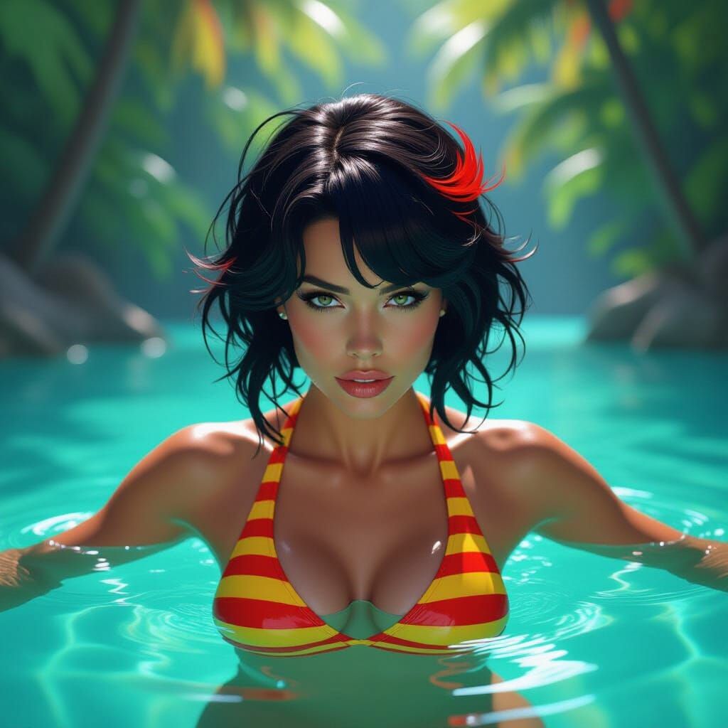 Singer with Red Highlights in a Cenote, Syd Mead Style