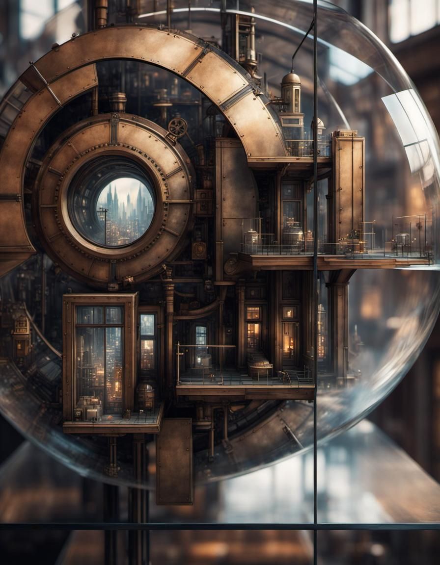 Steampunk City in Glass Cube, Mondrian Style