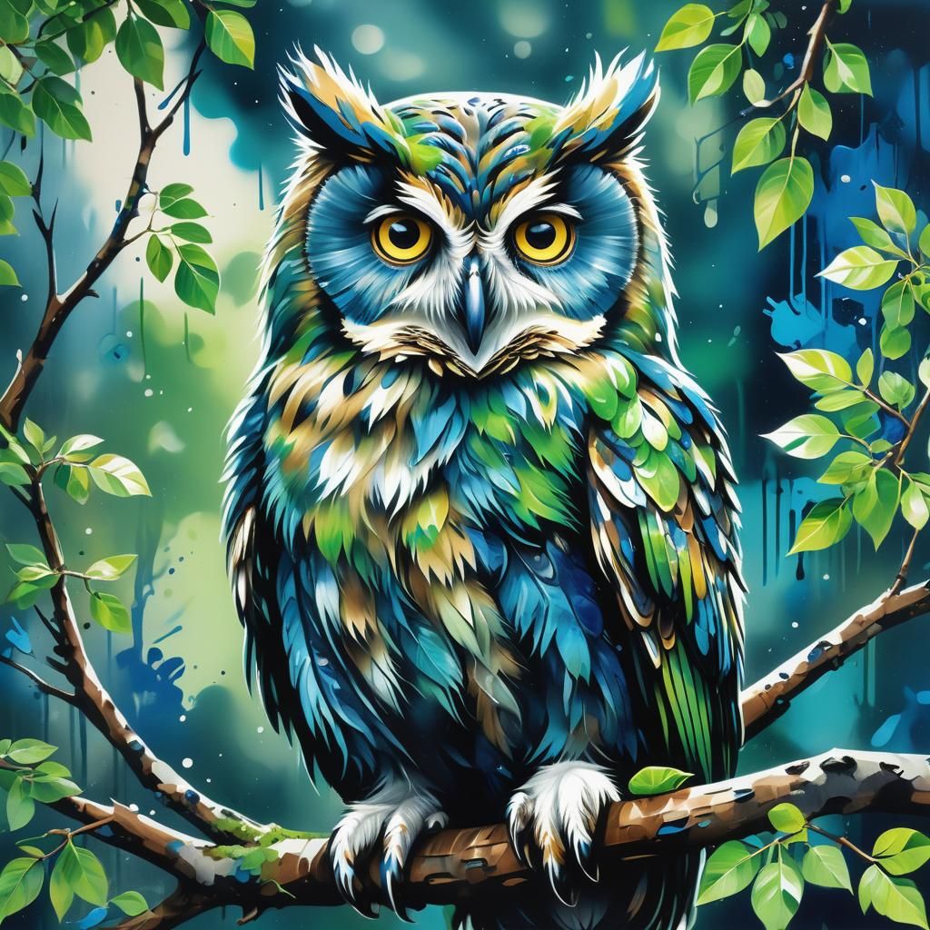 Charming Blue and Green Owl on Branch