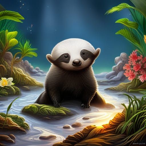 Cute, baby honey badger, sitting in a creek bed with koi fish, surrounded by fireflies, 3d, intricately detailed,  Splas...