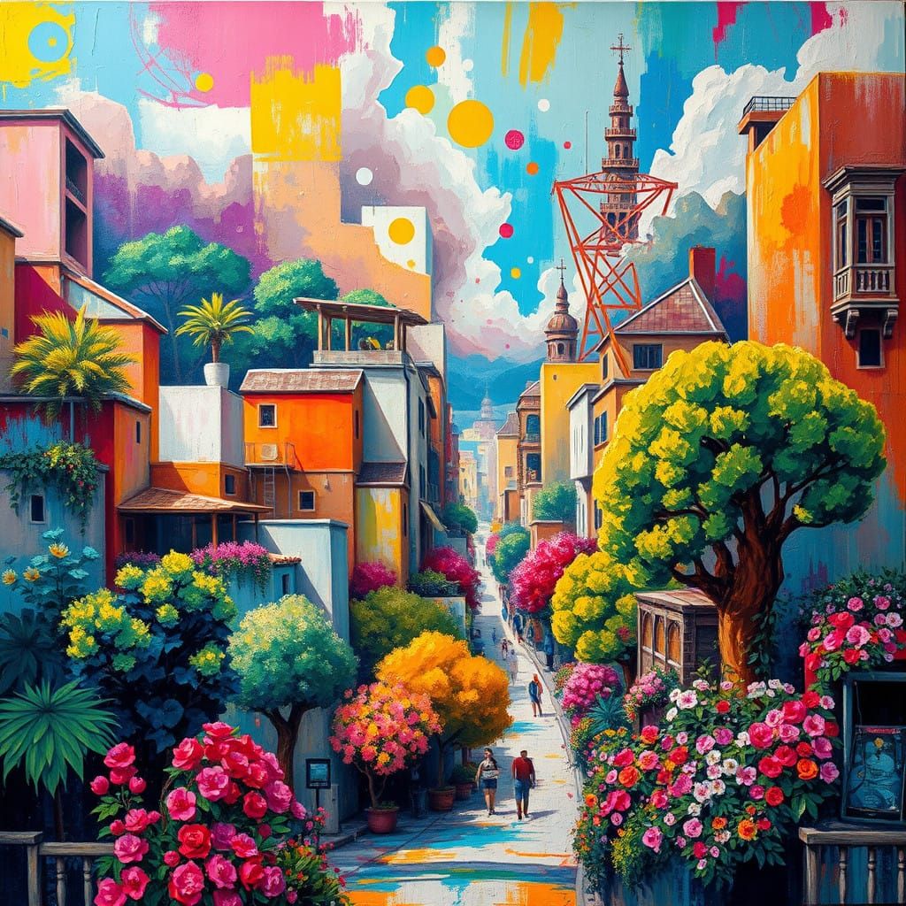 Vibrant Juniper Kingdom Cityscape in High-Contrast Graffiti....