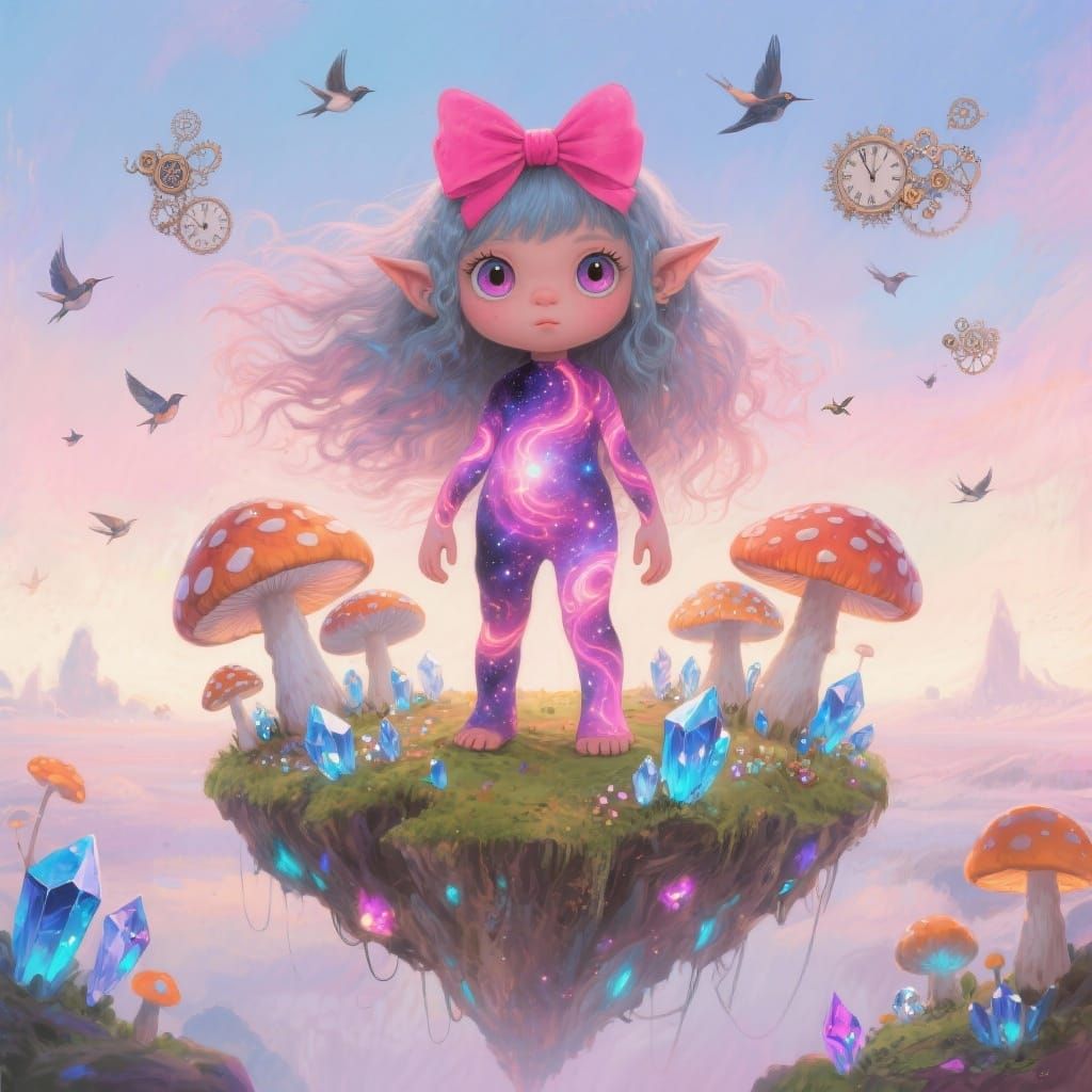 Whimsical Troll Girl Amidst Nebulae and Clockwork Birds