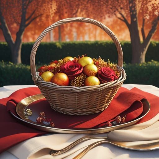 A lavish macro picnic scene with a wicker basket filled with...