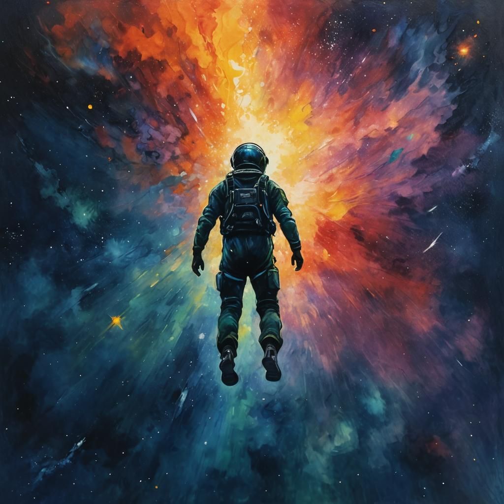 Man Skydiving Through Galaxy: Expressionist Oil Painting