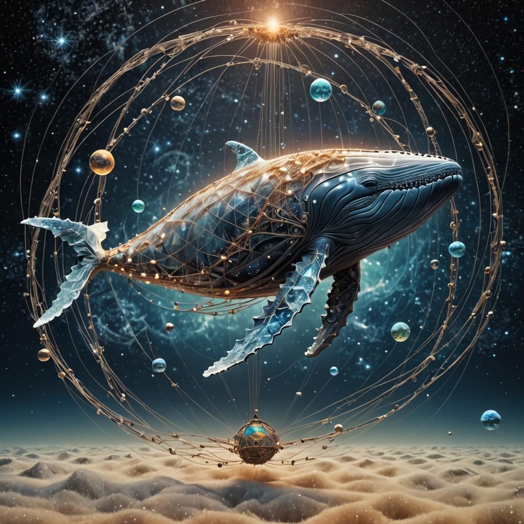 Fractal String Art Whale Over Earth