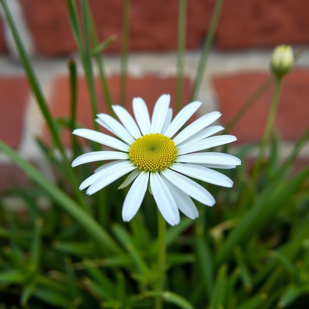 Photorealistic White Daisy Close-Up with Greenery