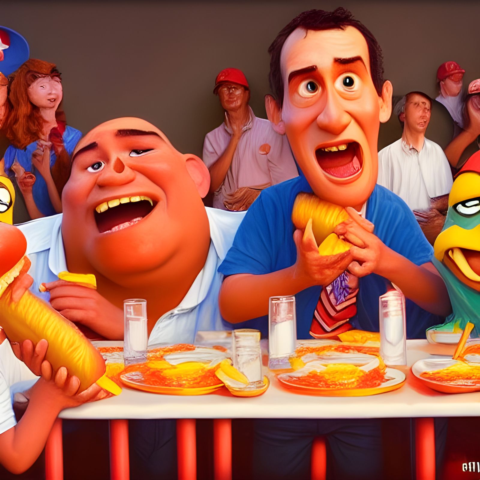Hot Dog Contest in Pixar Animation Style