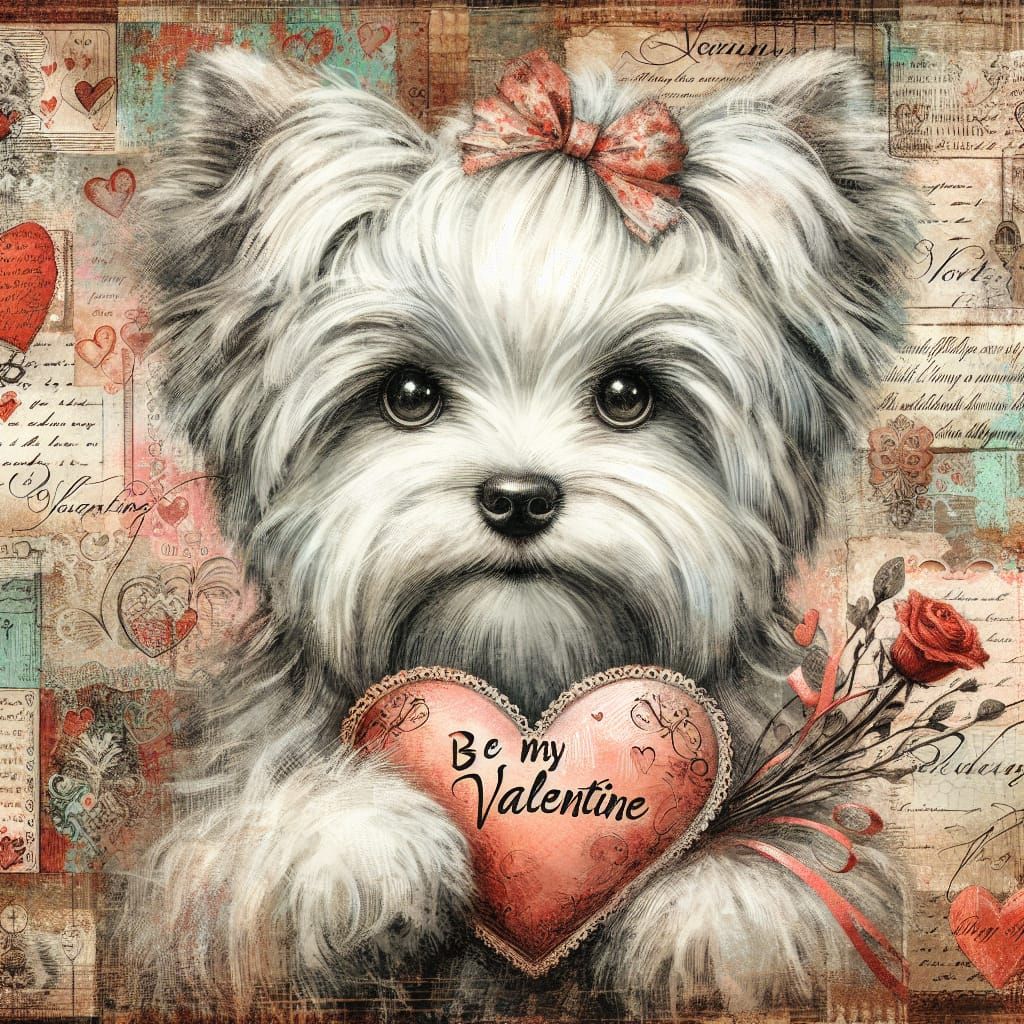 Romantic Yorkie Holding Heart in Vintage Junk Journal