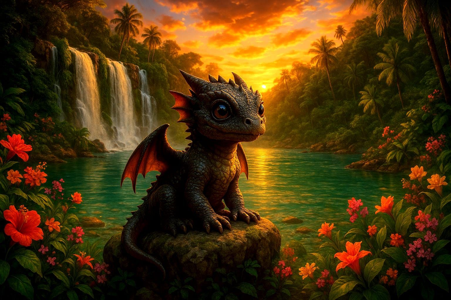 Photorealistic Baby Dragon in Tropical Sunset Lagoon