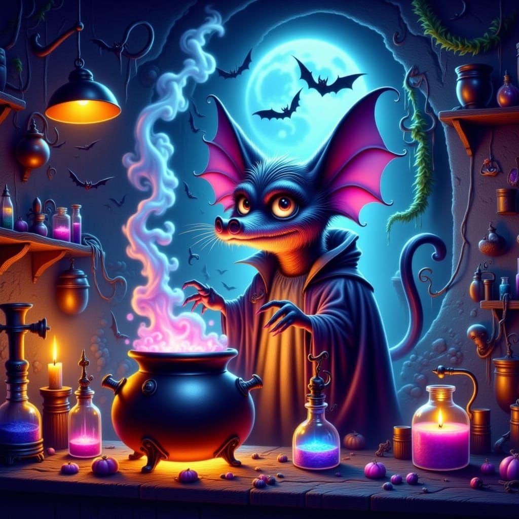Cute Bat Villain Brewing Magical Potions