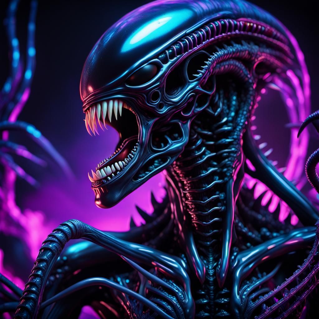 Biomechanical Xenomorph in Synthwave Horror Landscape