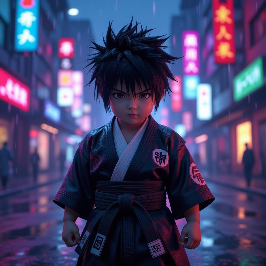 Baby Jin Kazama in Cyberpunk Cityscape