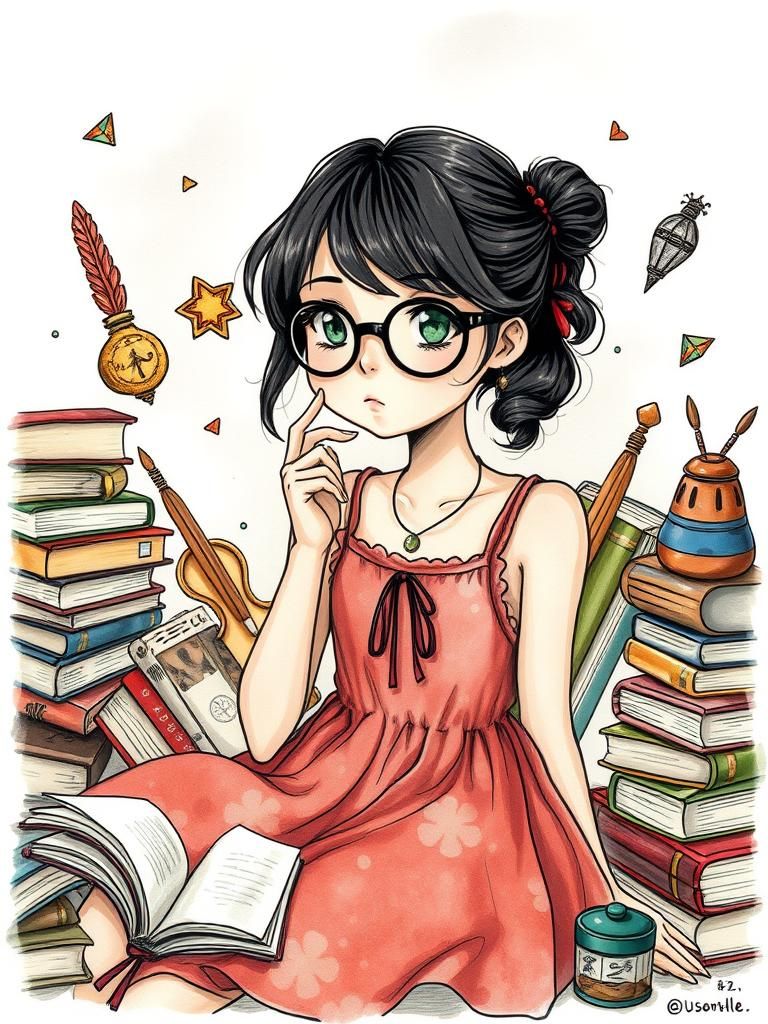 Young Woman Surrounded by Books, Watercolor Style