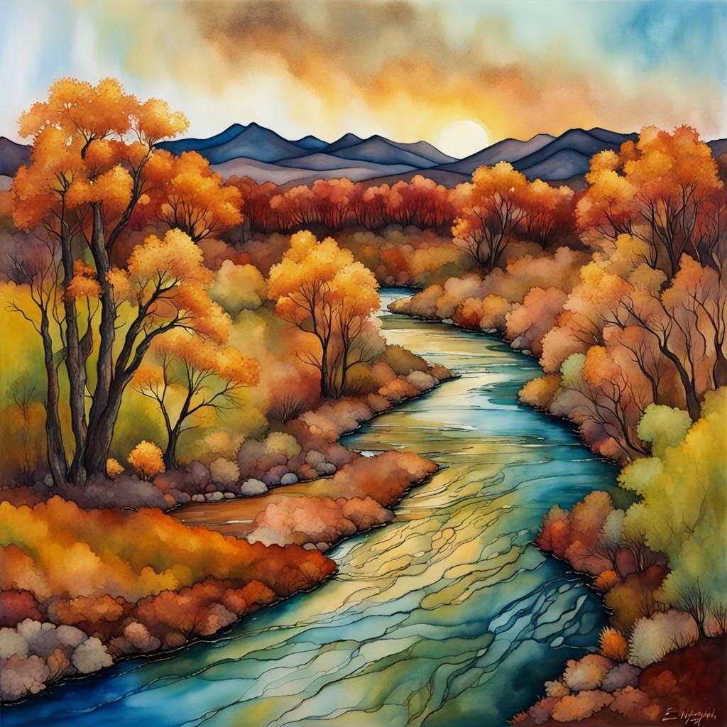 Autumn Riparian Landscape in Alcohol Ink Style