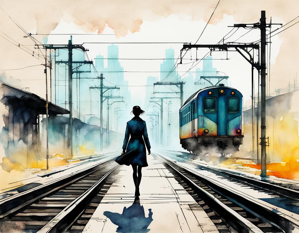 Elegant Girl Walks Between Railway Tracks in Cyberpunk Style