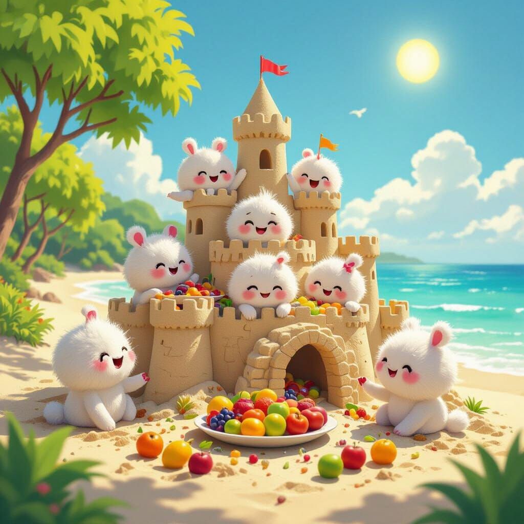 Joyful Fluffy Characters in Sandcastle on Sunny Beach
