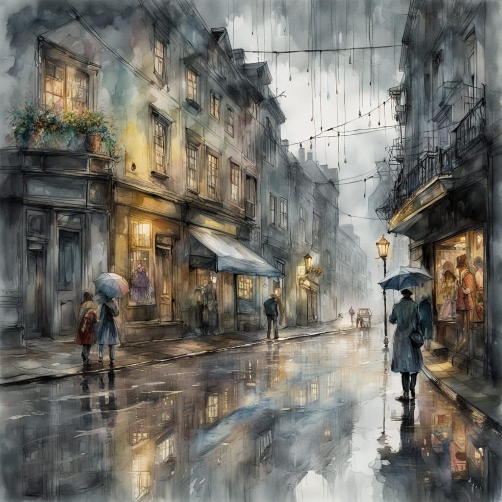 Ethereal Watercolor Town Street with Golden Rainfall