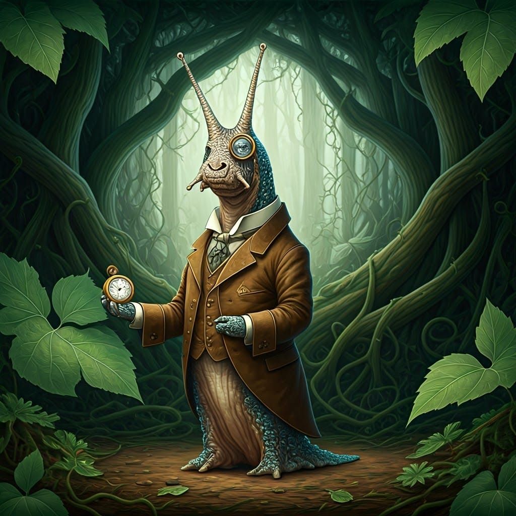 Elegantly Dressed Snail in Whimsical Forest