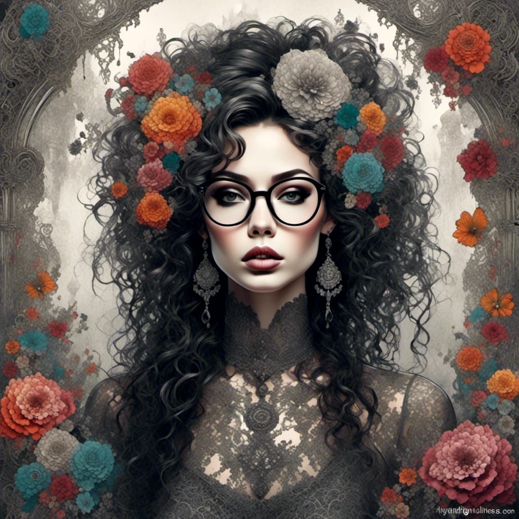 Gothic Floral Portrait with Lace and Rainbow Tattoos