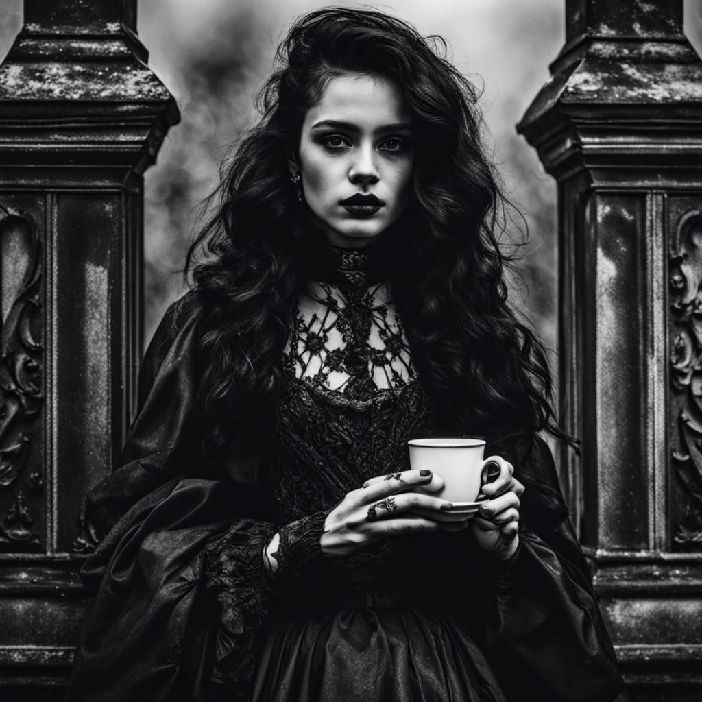 Gothic Goth Model Sips Coffee in Foggy Graveyard