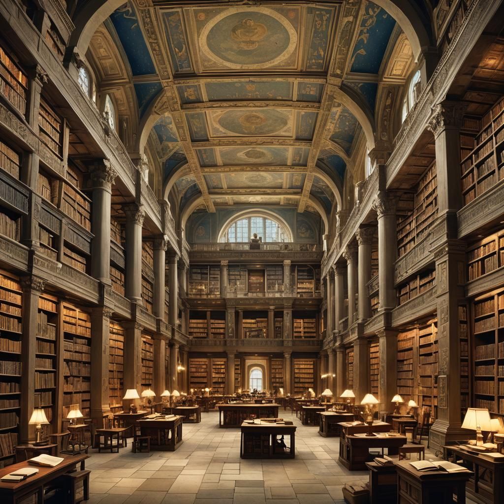 Grand Library Hall with Ancient Scrolls