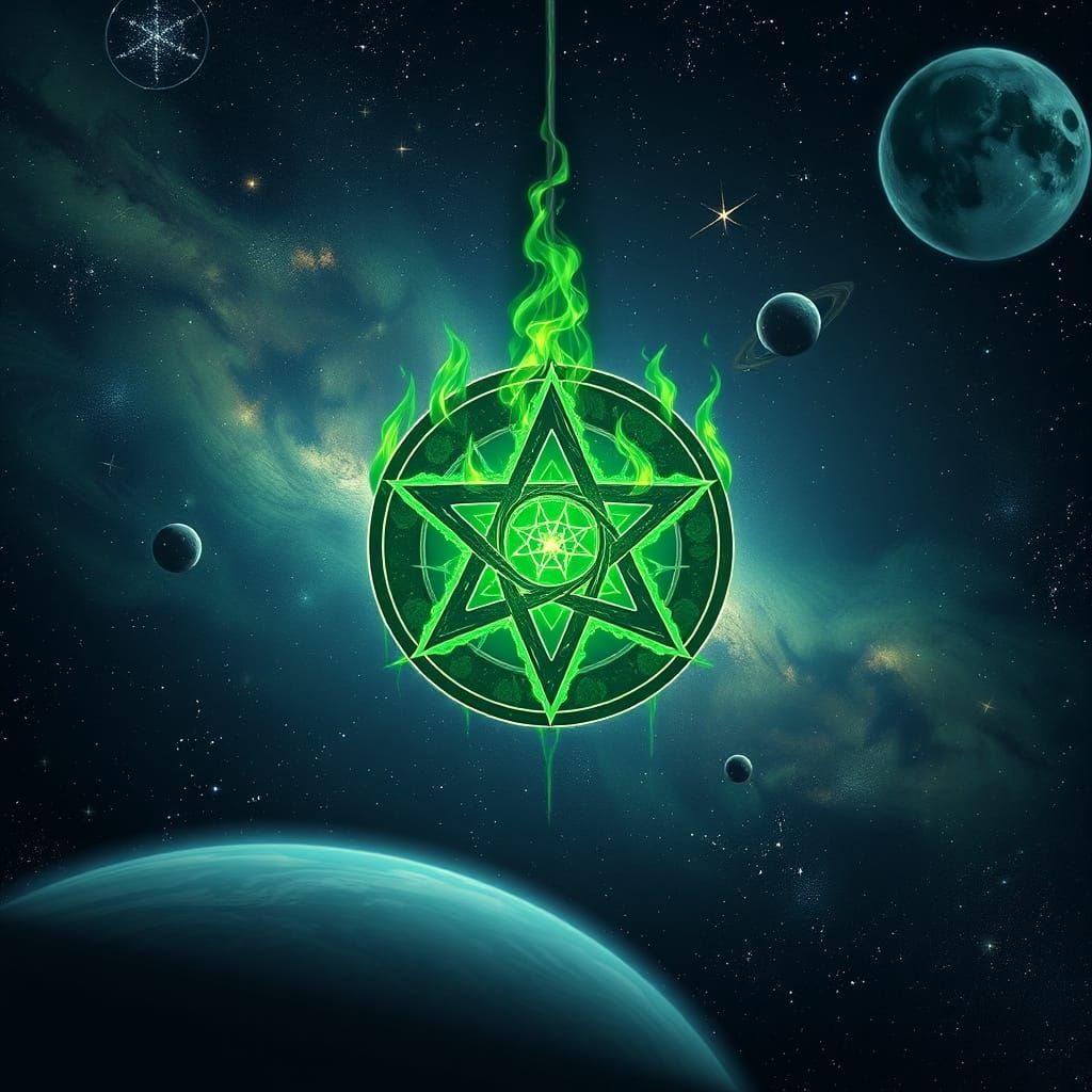 Green Fire Pentacle in Space: Psychedelic Digital Art