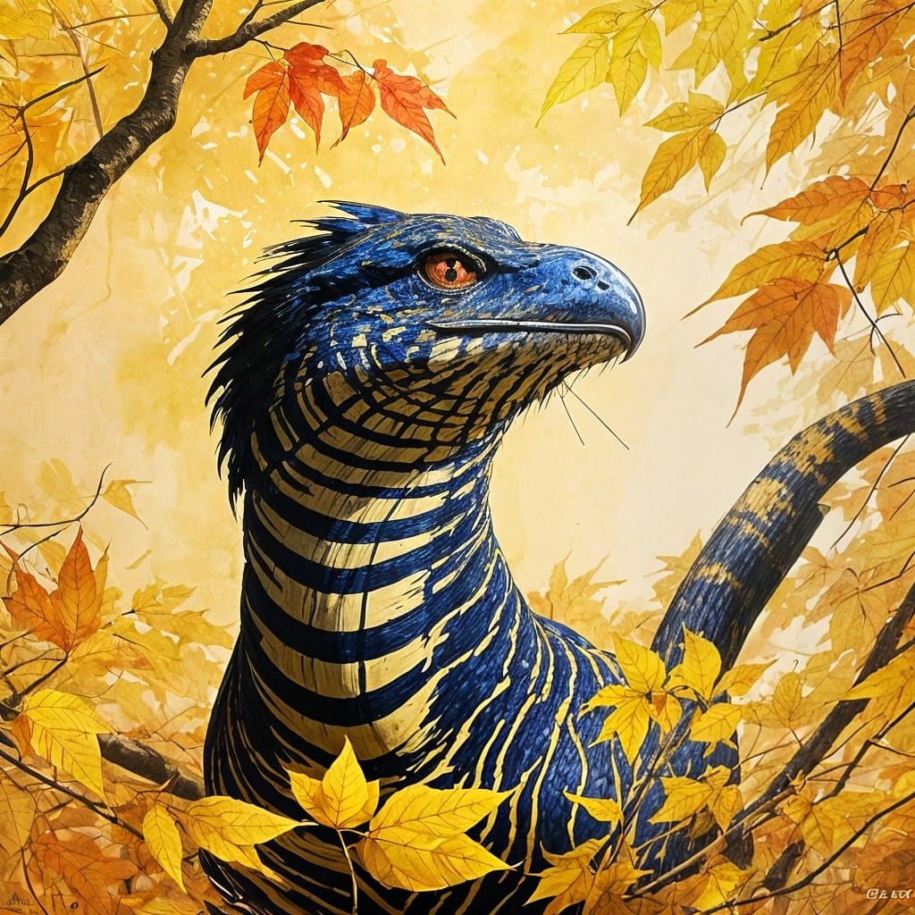 Cobra Among Autumn Leaves in Watercolor Style