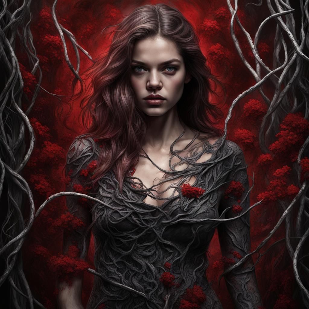 Woman Covered in Vines and Fire, Dark Silver and Crimson