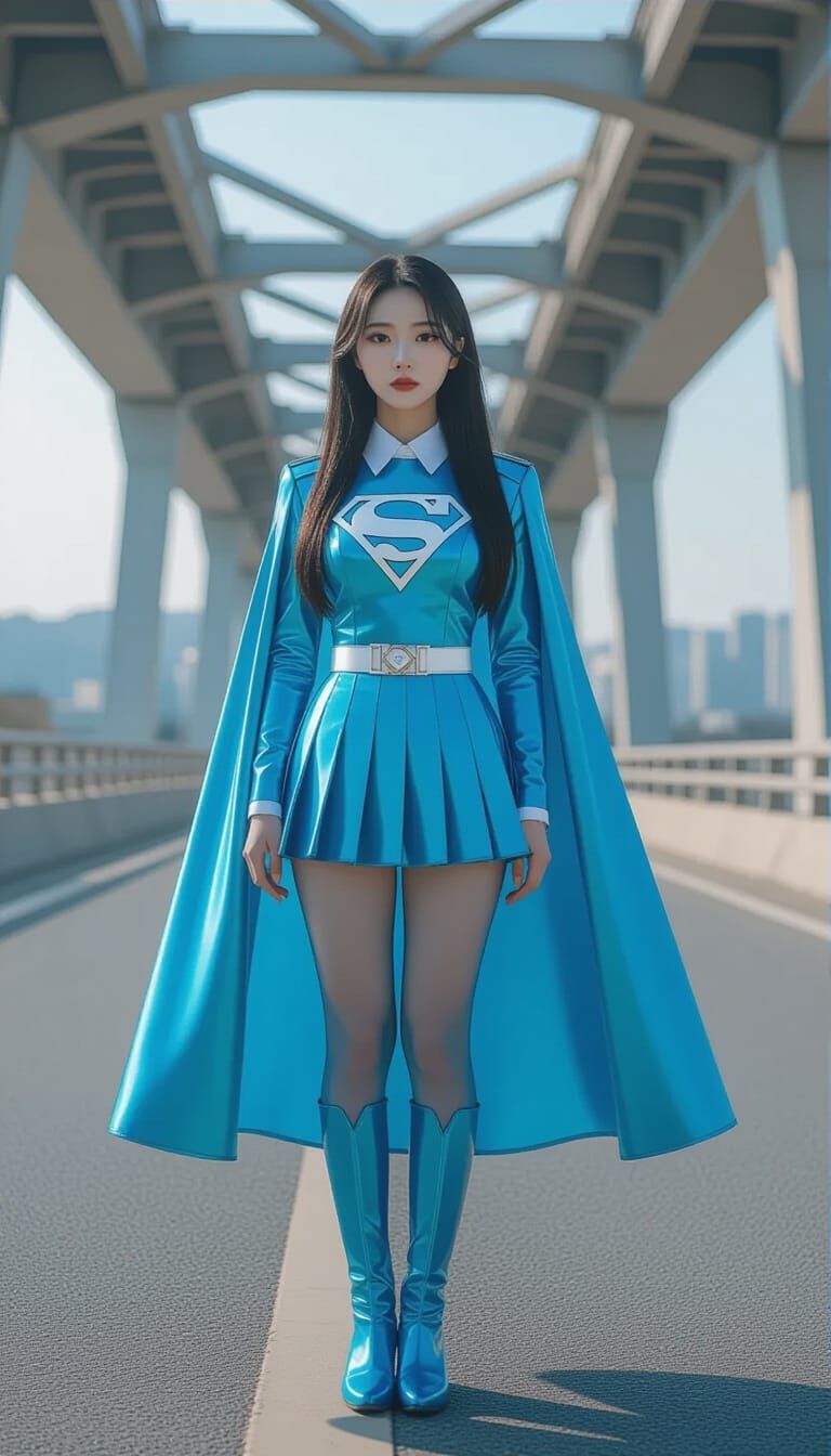 Korean Student on Damaged Bridge in Silver Uniform