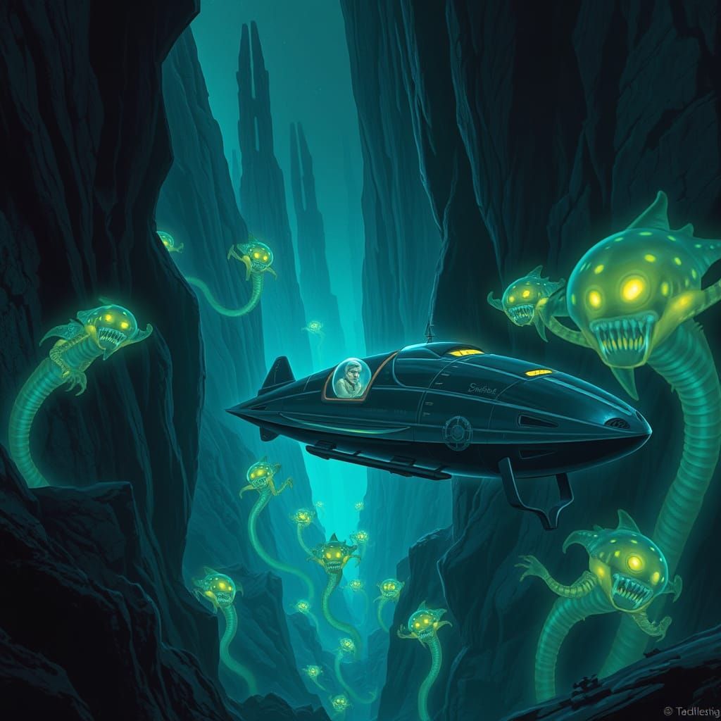 Bioluminescent Submarine Encounter in a Deep Trench