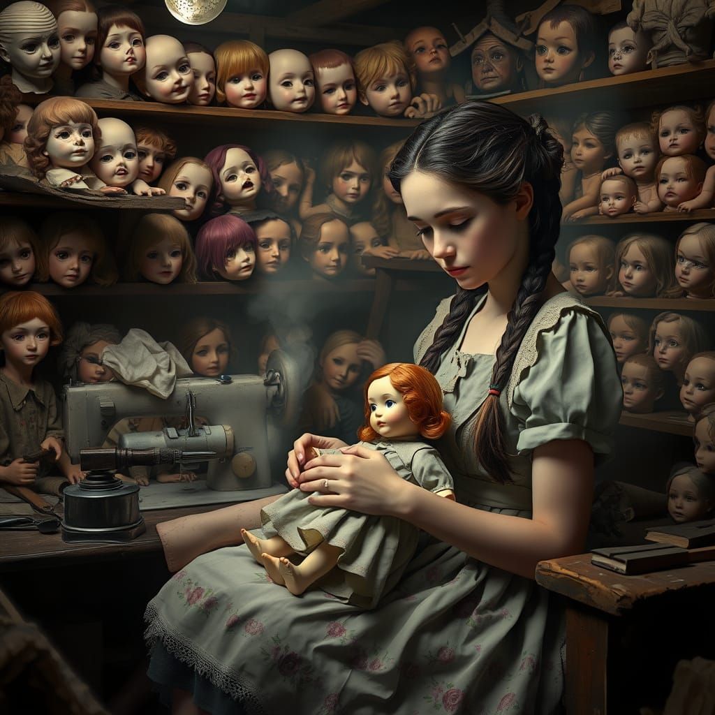 Eerie Dollmaker in Dusty Pastel-Hued Attic