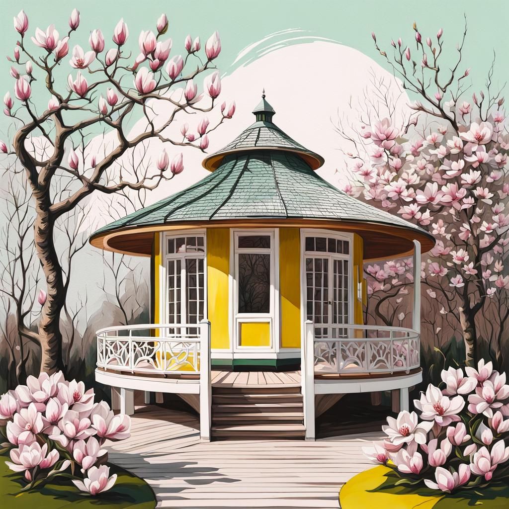A round wooden house with magnolias