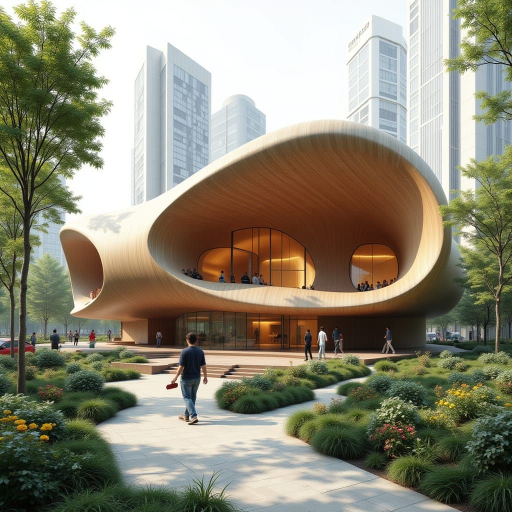 Futuristic Organic Building with Timber and Gardens