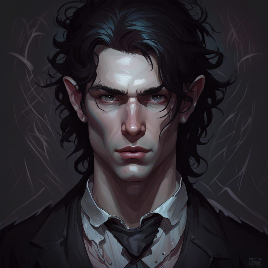 Manic Dark-Haired Man: Gothic Portrait in Hyperdetail