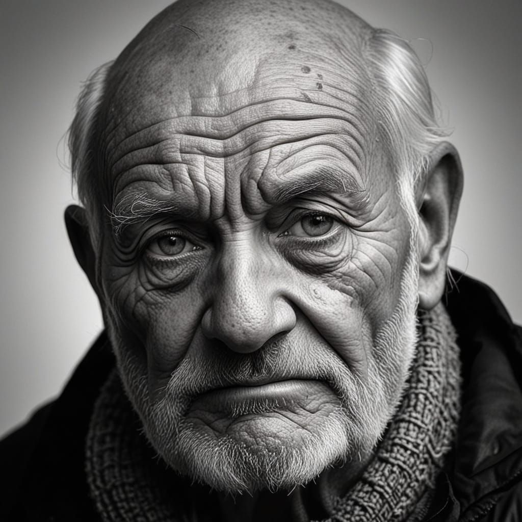 Wrinkled Elderly Man in Black and White Macro