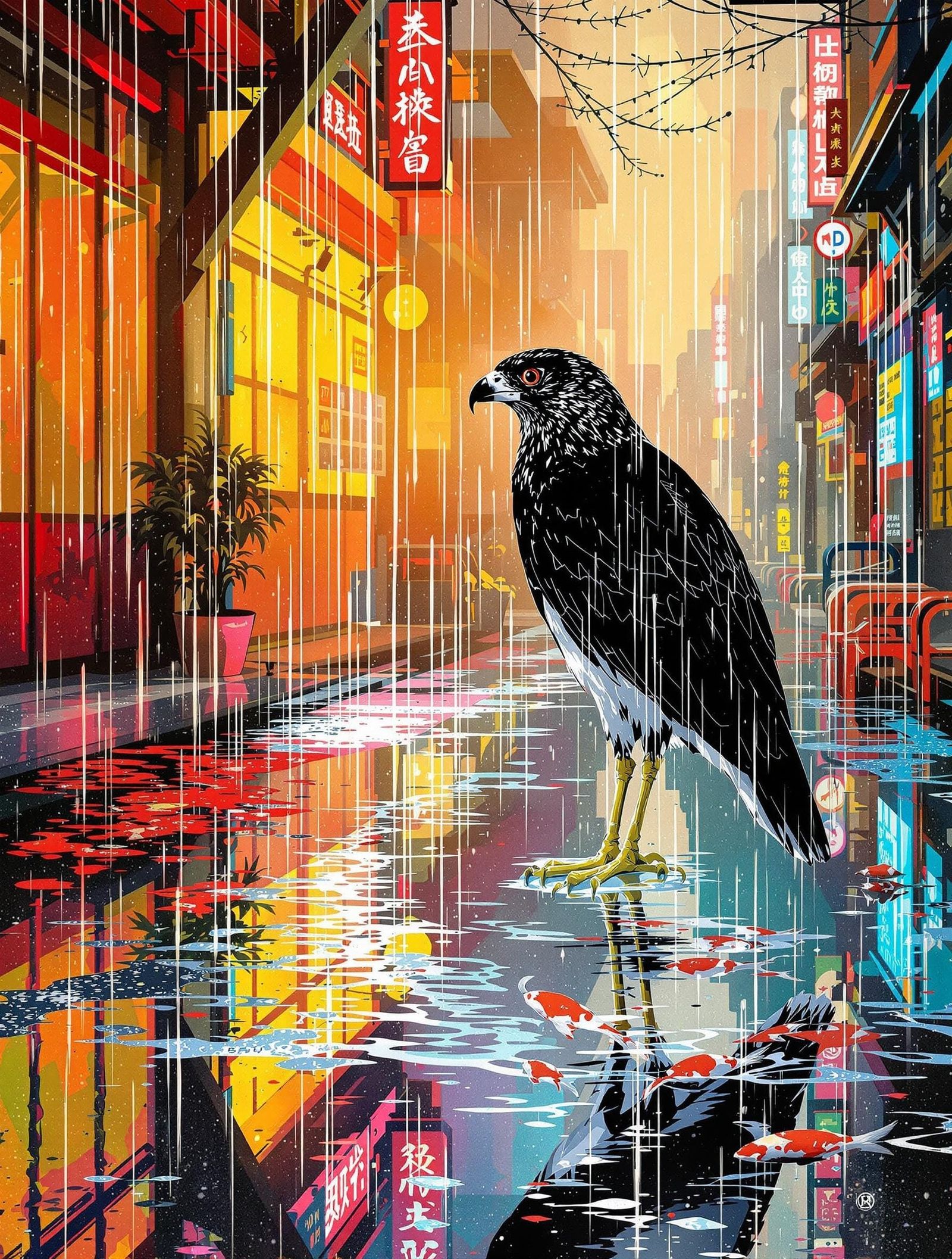 Sparrowhawk in Golden Gai: Surreal Digital Gouache
