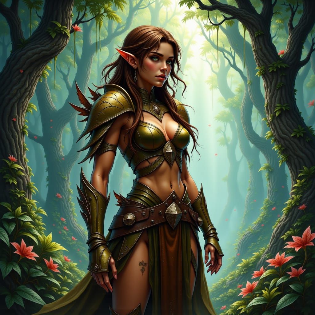 Warrior Elf in Ancient Forest Comic Style