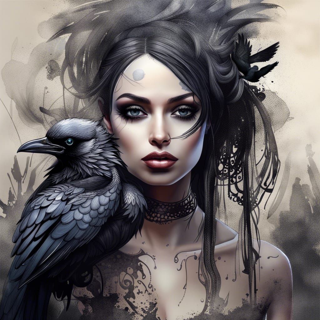 Intricate Goth Girl Portrait with Raven Familiar