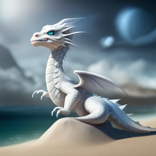 Ethereal White Baby Dragon on a Dreamlike Beach