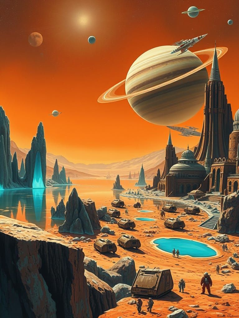 Titan Moonscape: Retro Sci-Fi Vision of Saturn